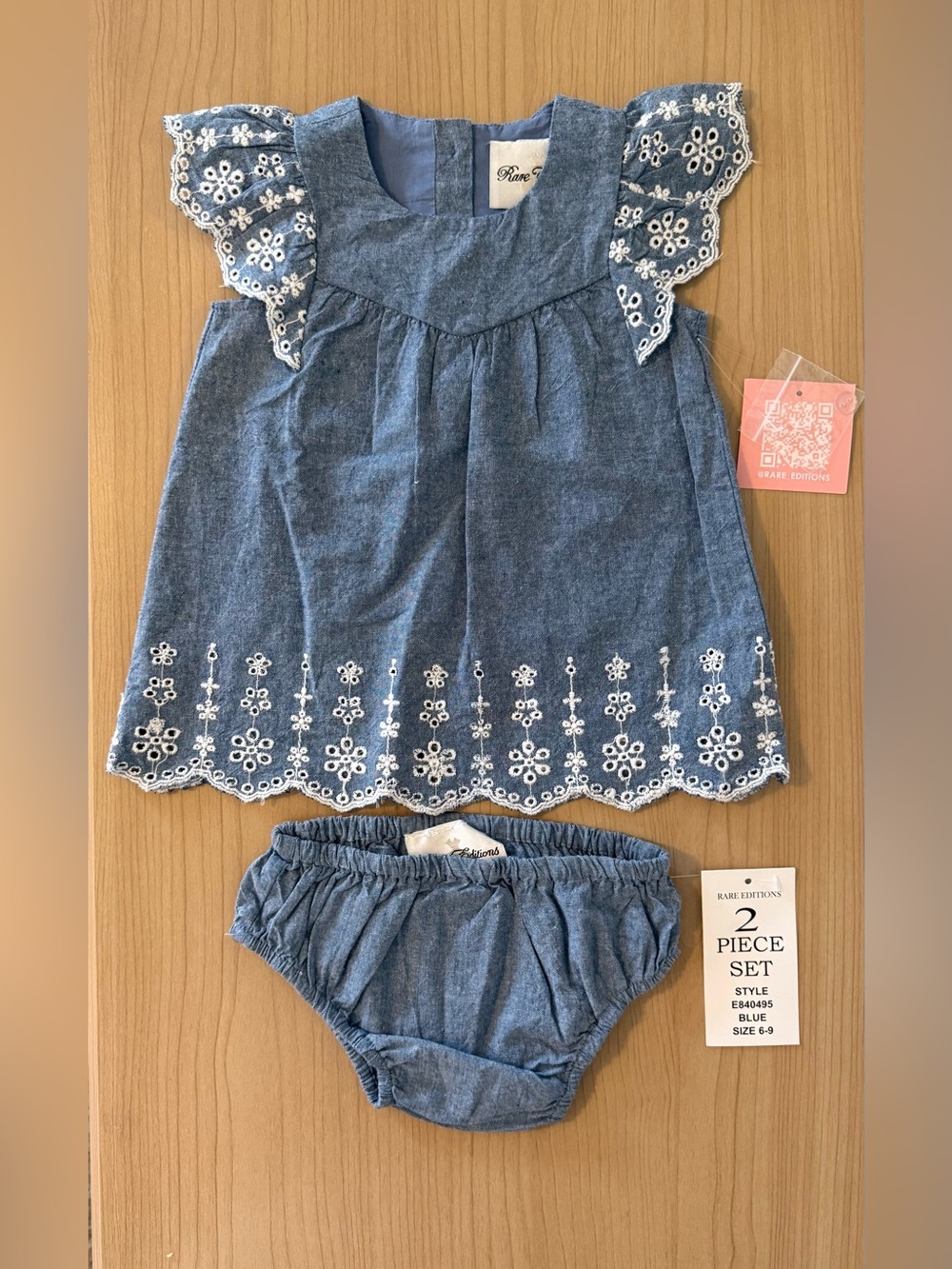 Rare Editions Blue Eyelet Dress with Matching Bloomers
